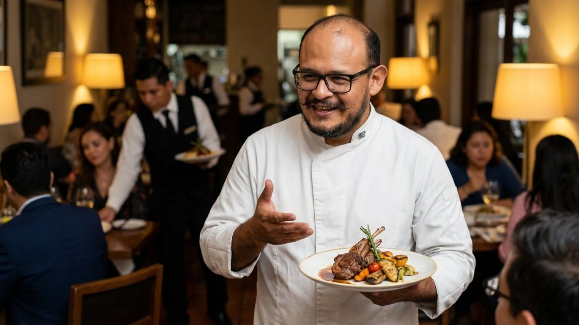 Jonathan Angulo presentando un plato en restaurante